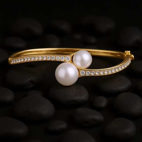 Double Pearl Diamond 14K (or 18K upon request) Yellow Gold Open Bangle Bracelet - Picture 5 of 5